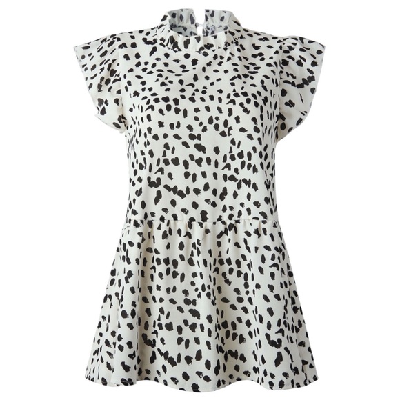 entro Tops - ENTRO • Ruffled Sleeve Button Closure Polka Dots Leopard Printed Pleated Shirt